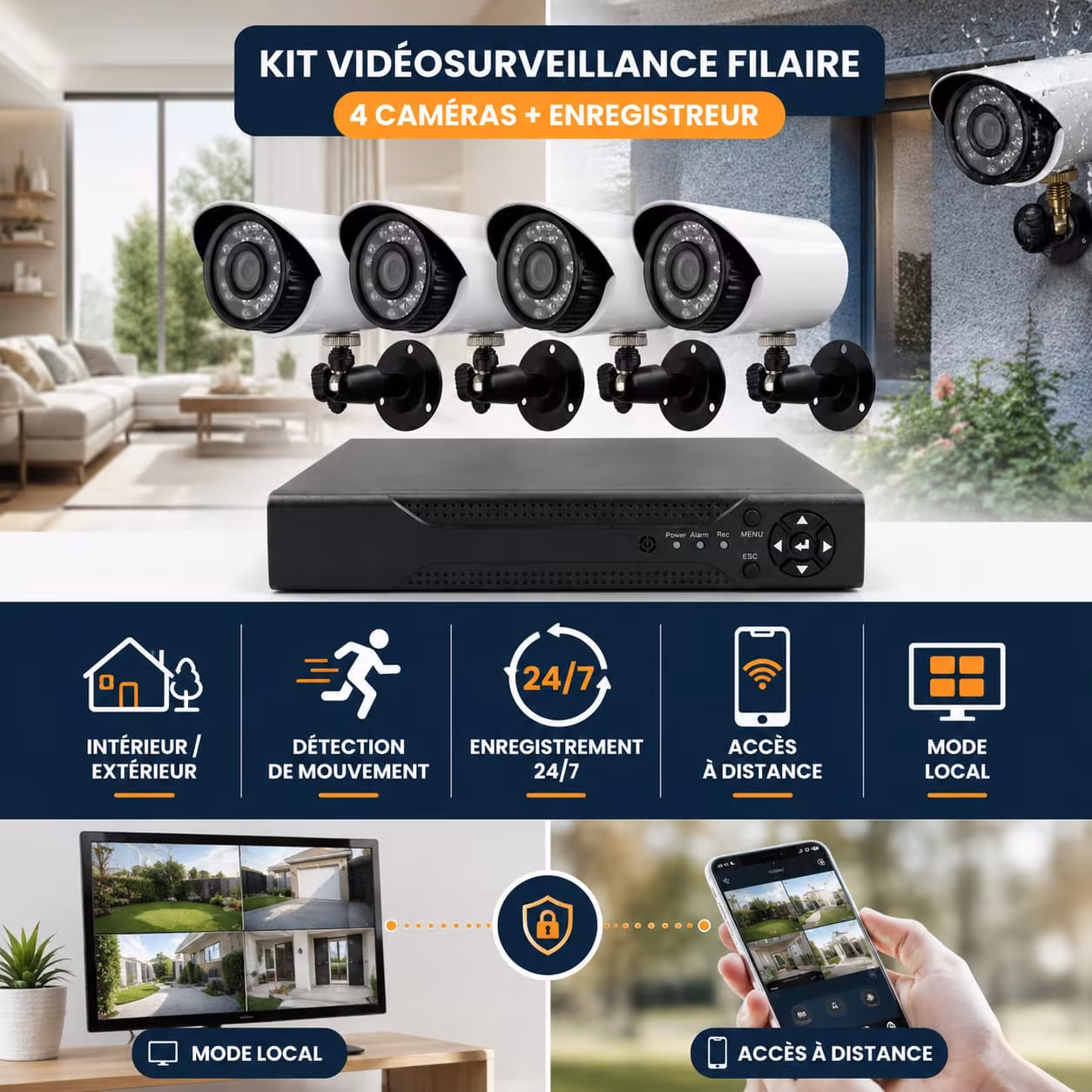 Kit de vidéosurveillance avec 4 caméras filaires