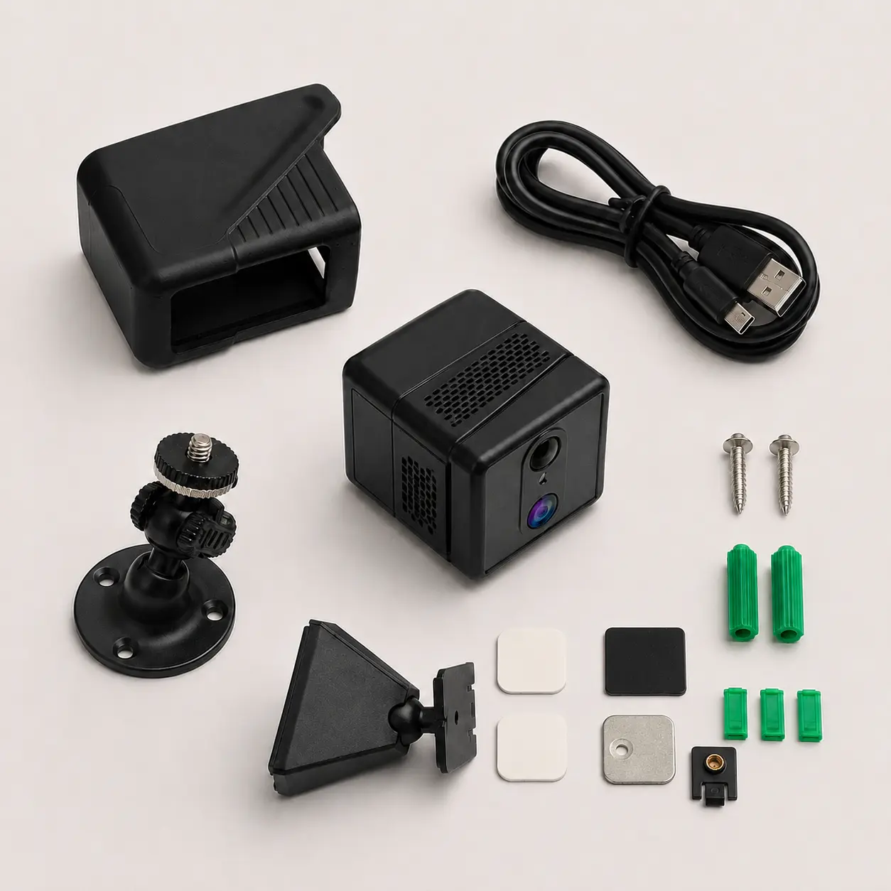 Contenu du colis de la mini caméra espion 4G avec ses supports et accessoires de fixation